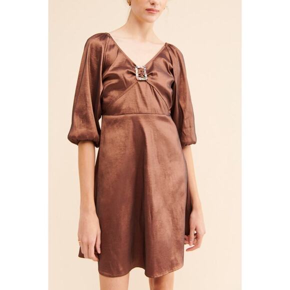 NWT Hosbjerg Women's Brown Elora Buckle V-Neckline Mini Dress Size Small - Picture 3 of 16